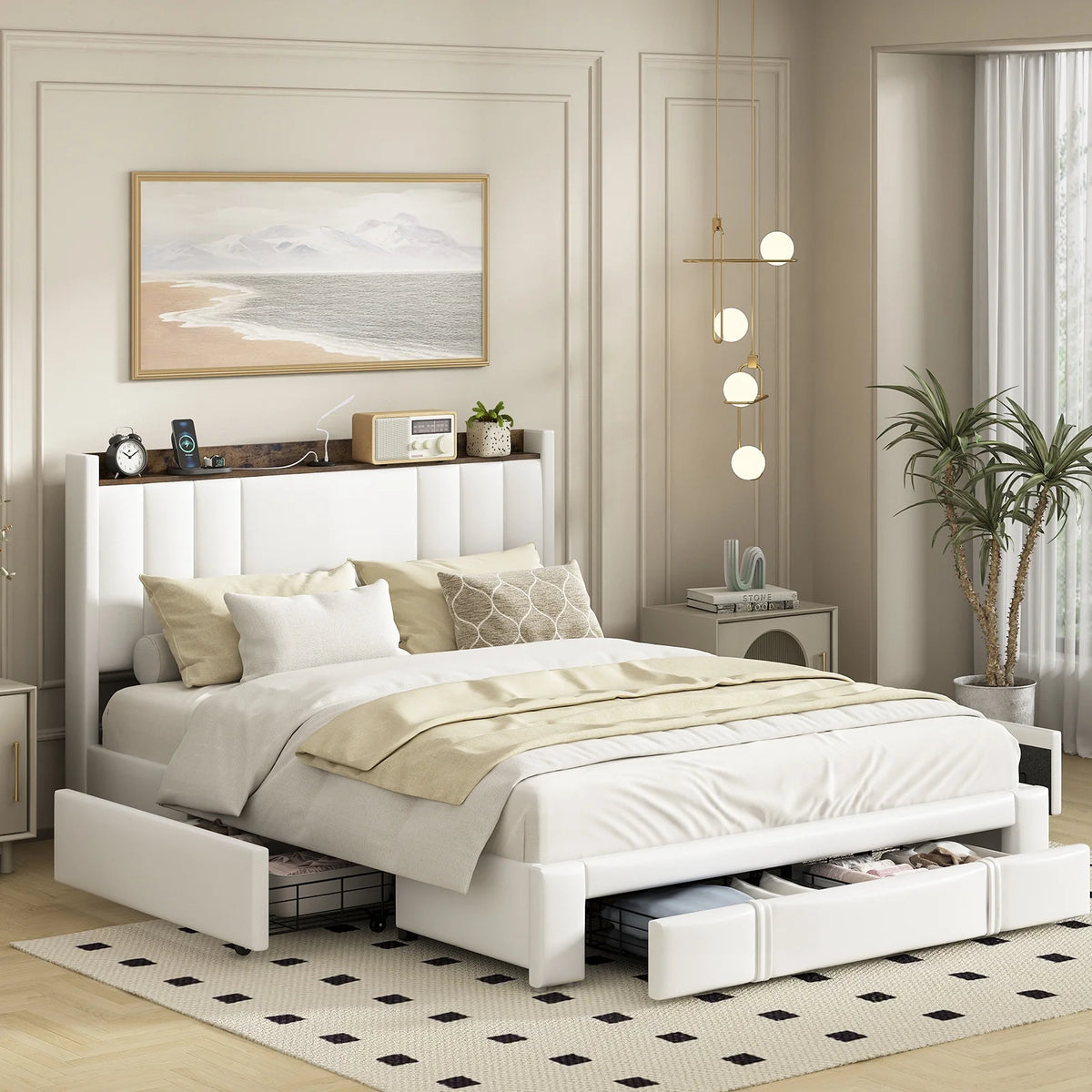 Faux Leather Upholstered Queen Bed Frame with Storage Headboard and 4 Drawers Q17480