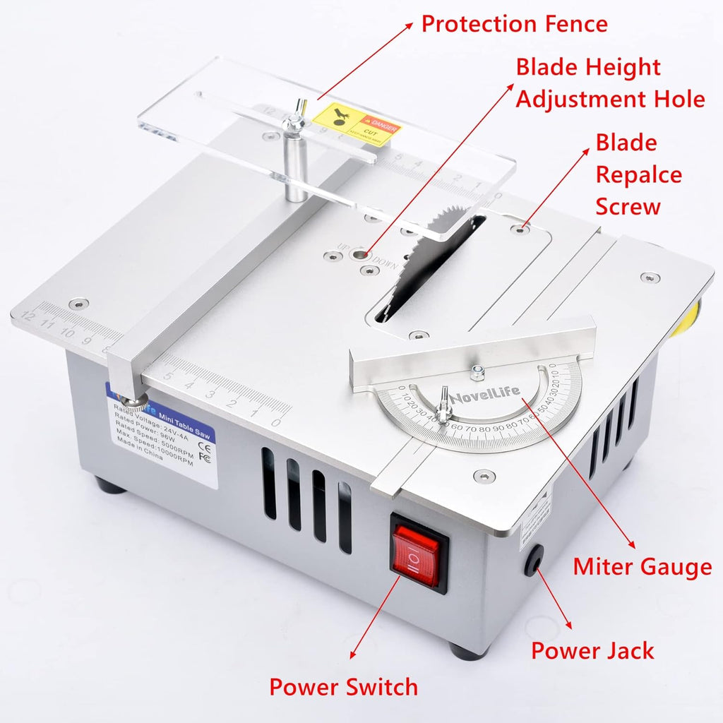 Mini Hobby Table Saw with Miter Gauge, 3 Inch HSS Alloy Steel Circular Saw Blade, Polishing Pad, 96W Power Supply A1113
