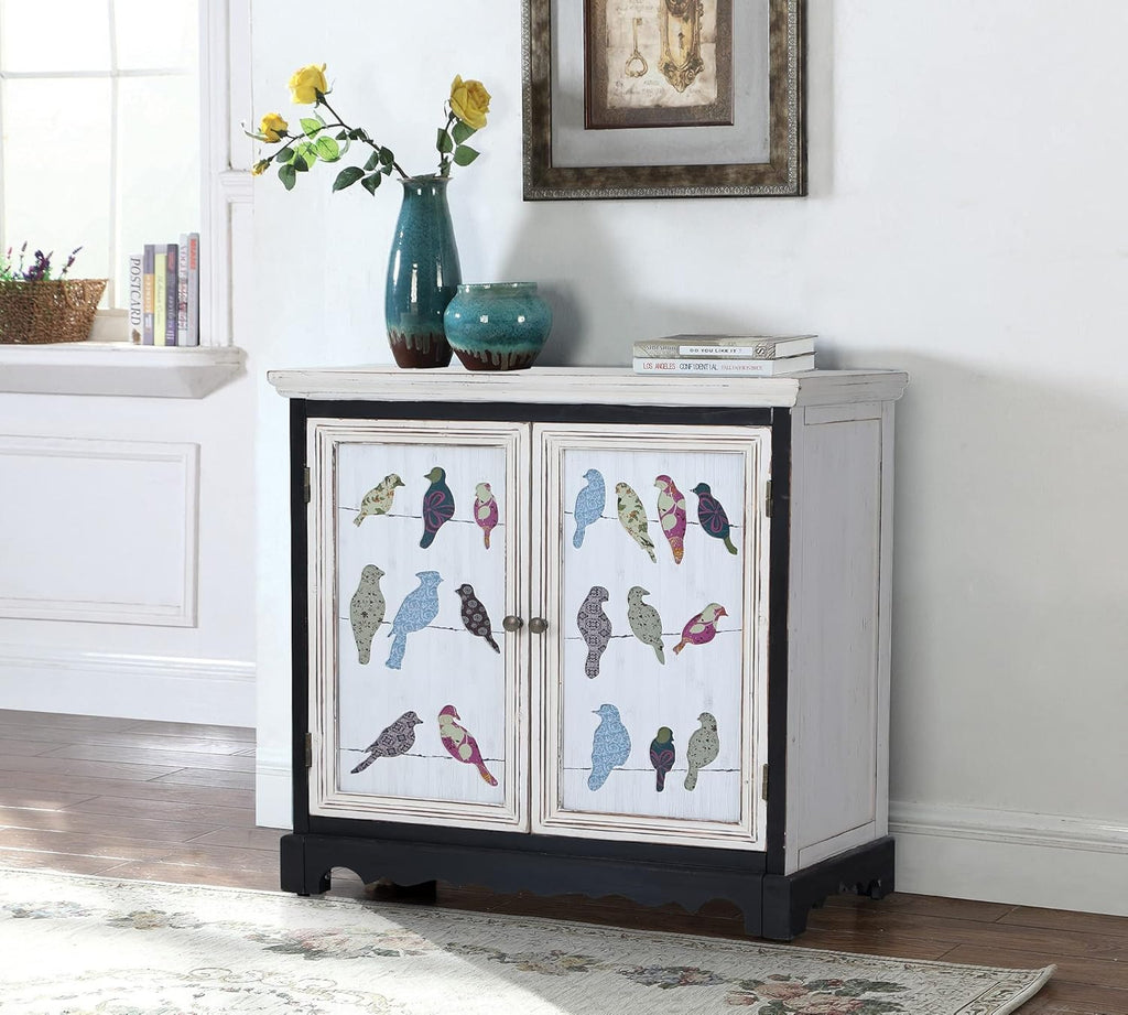 White Buffet & Sideboard Storage Cabinet with 2 Doors, Carved Pattern Doors D80692