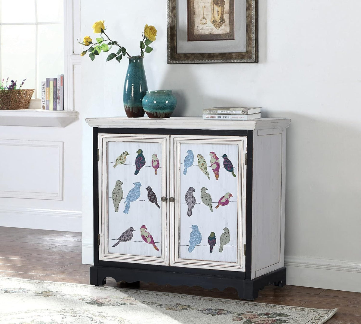 White Buffet & Sideboard Storage Cabinet with 2 Doors, Carved Pattern Doors D80692