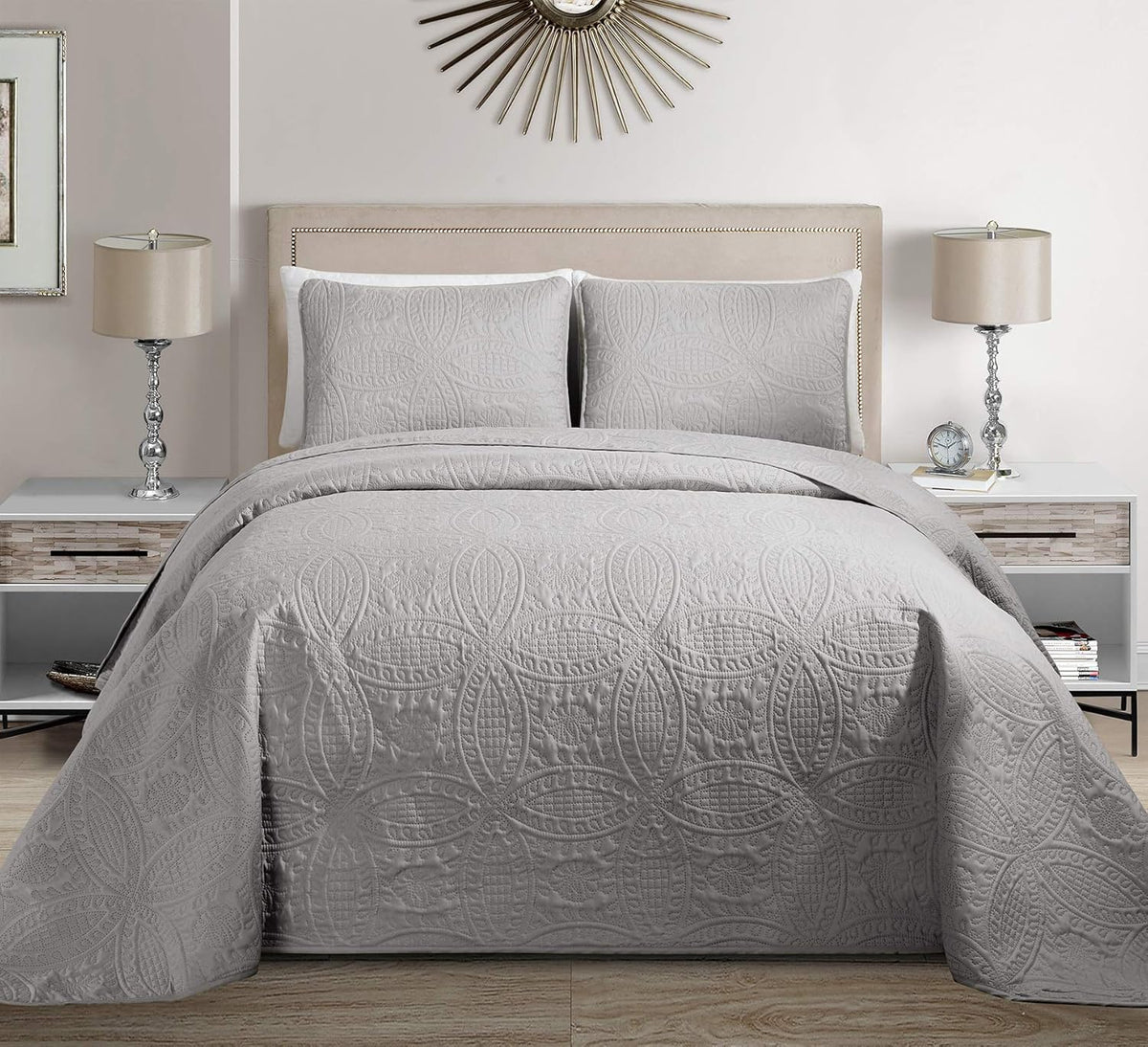 3pc King/California King Embossed Oversized Coverlet Bedspread Set Solid White I424