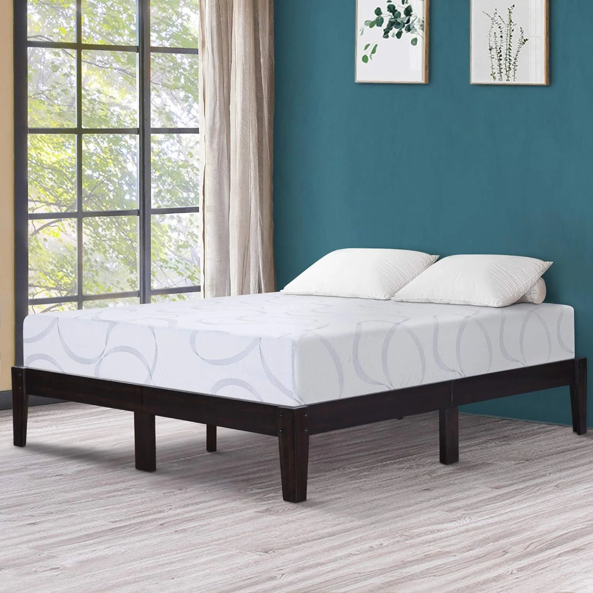 14 Inch Solid Wood Platform Bed Frame King Dark Brown I3444