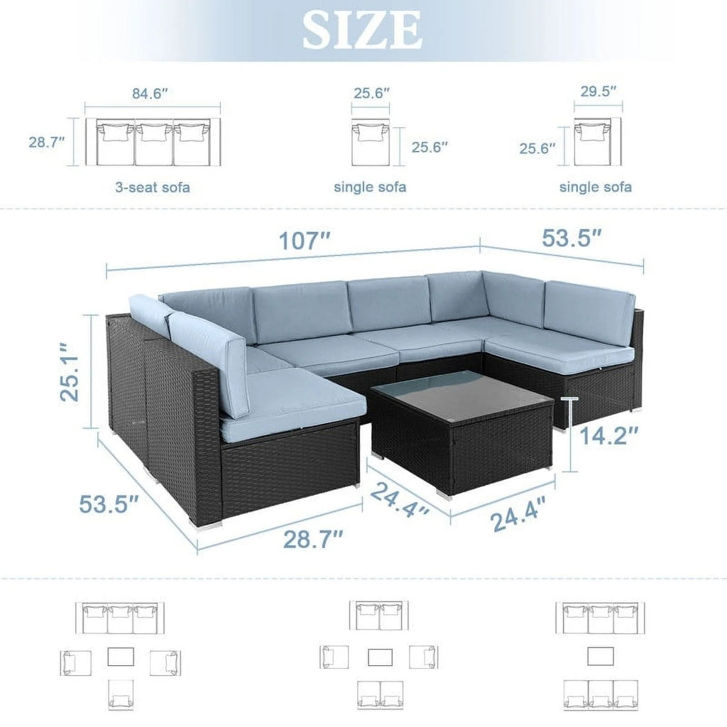 Black Wicker Rattan 7-piece Sectional Sofa Set U68899