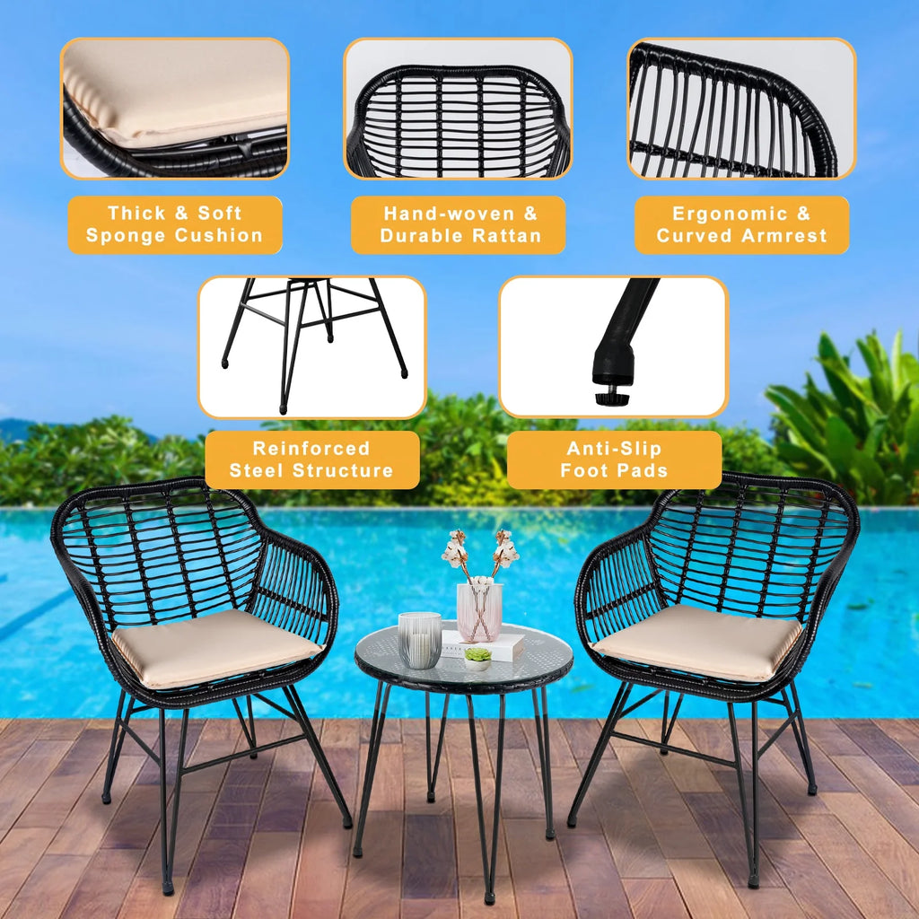 3 Piece Black PE Rattan Outdoor Wicker Bistro Set with Cushions H25269