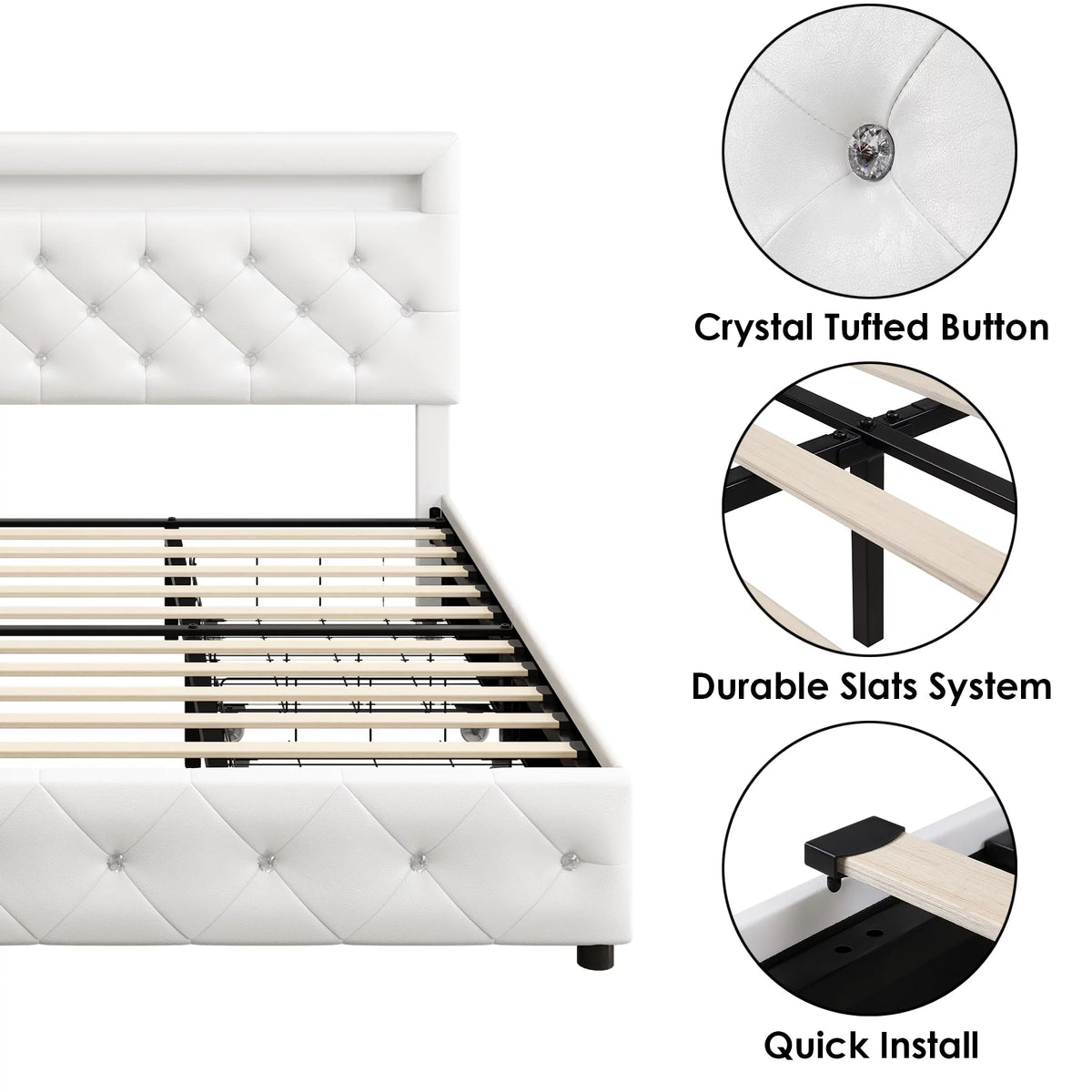 King LED Bed Frame with 4 Storage Drawer White O186