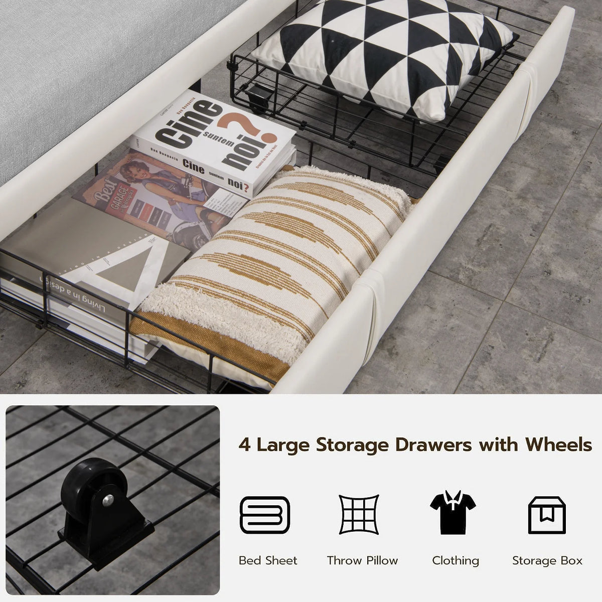 Faux Leather Upholstered Queen Bed Frame with Storage Headboard and 4 Drawers Q17480