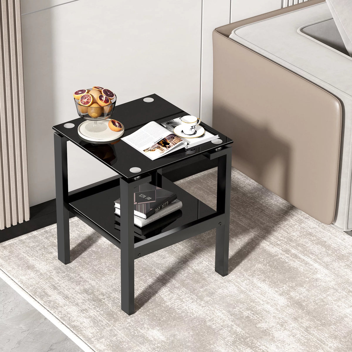 Black Tempered Glass 2 Layer End Table V882769