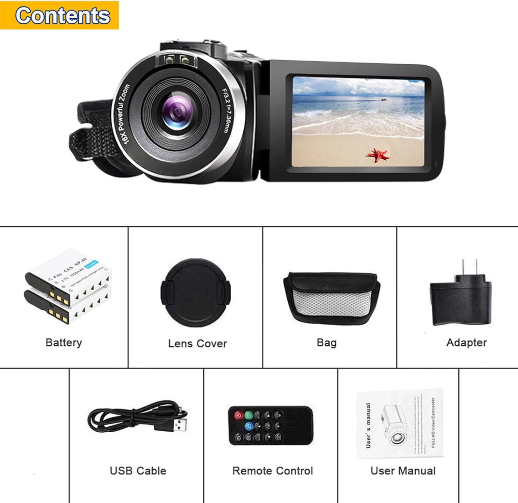 Video Camera Camcorder Full HD 1080P 30FPS 24.0 MP IR Night Vision 3.0 Inch IPS Screen 16X Zoom with 2 Batteries Q637