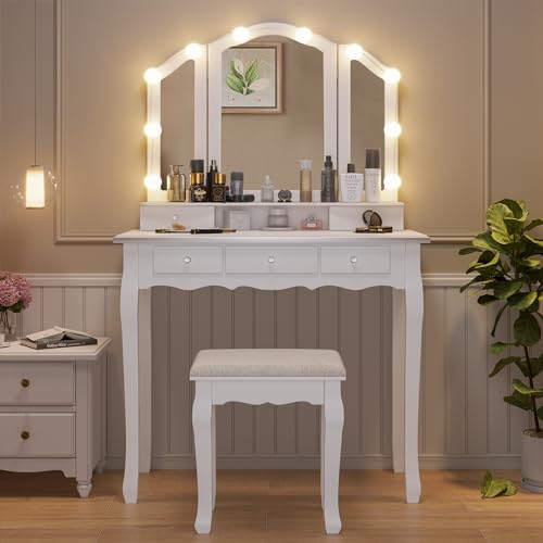 White Vanity Desk with Lighted Mirror and Stool, 5 Drawers Z8557