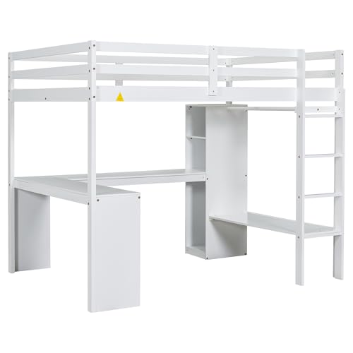 Full Size White Wood Loft Bed with Desk and Shelves P44192