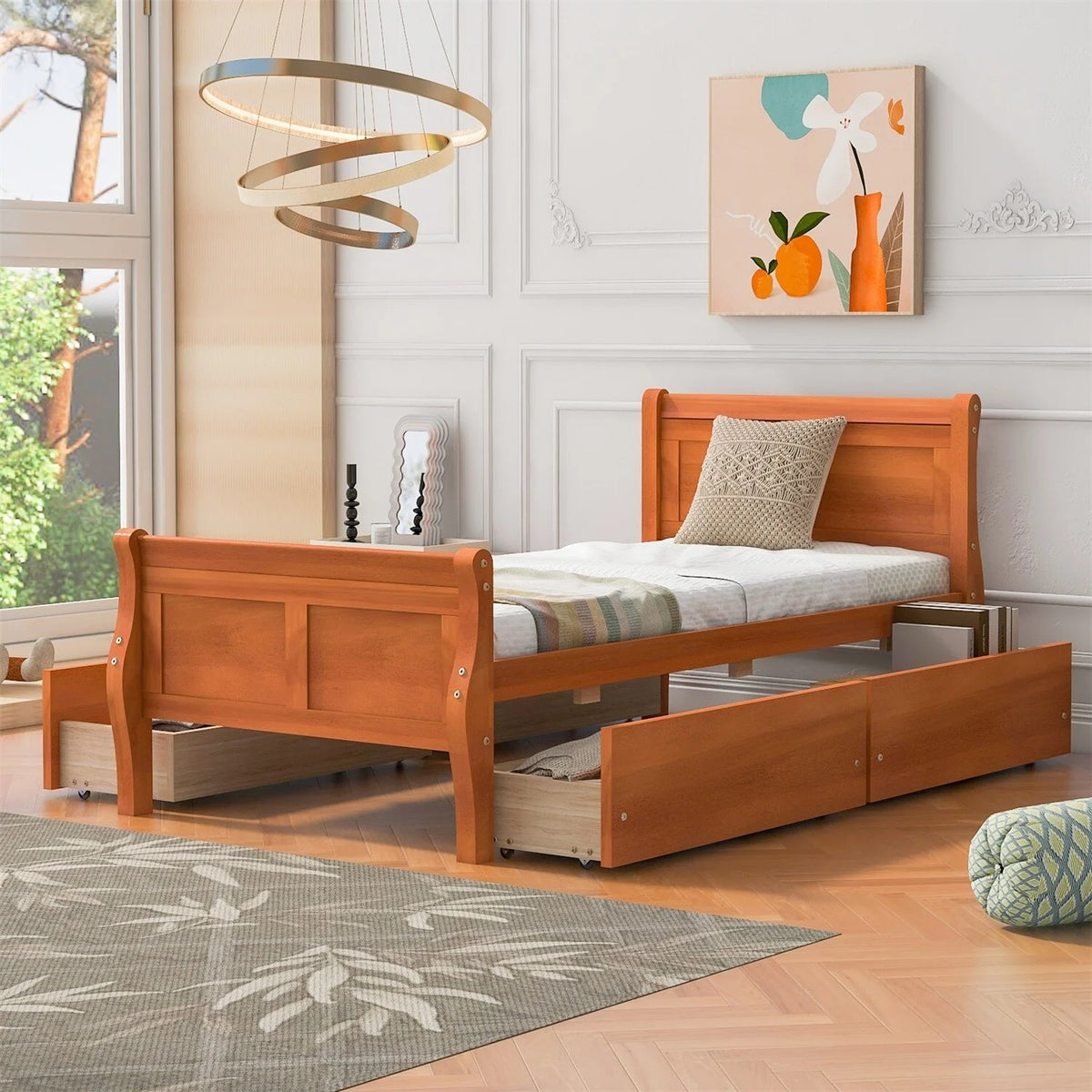 Oak Wood Platform Bed with 4 Drawers B99685