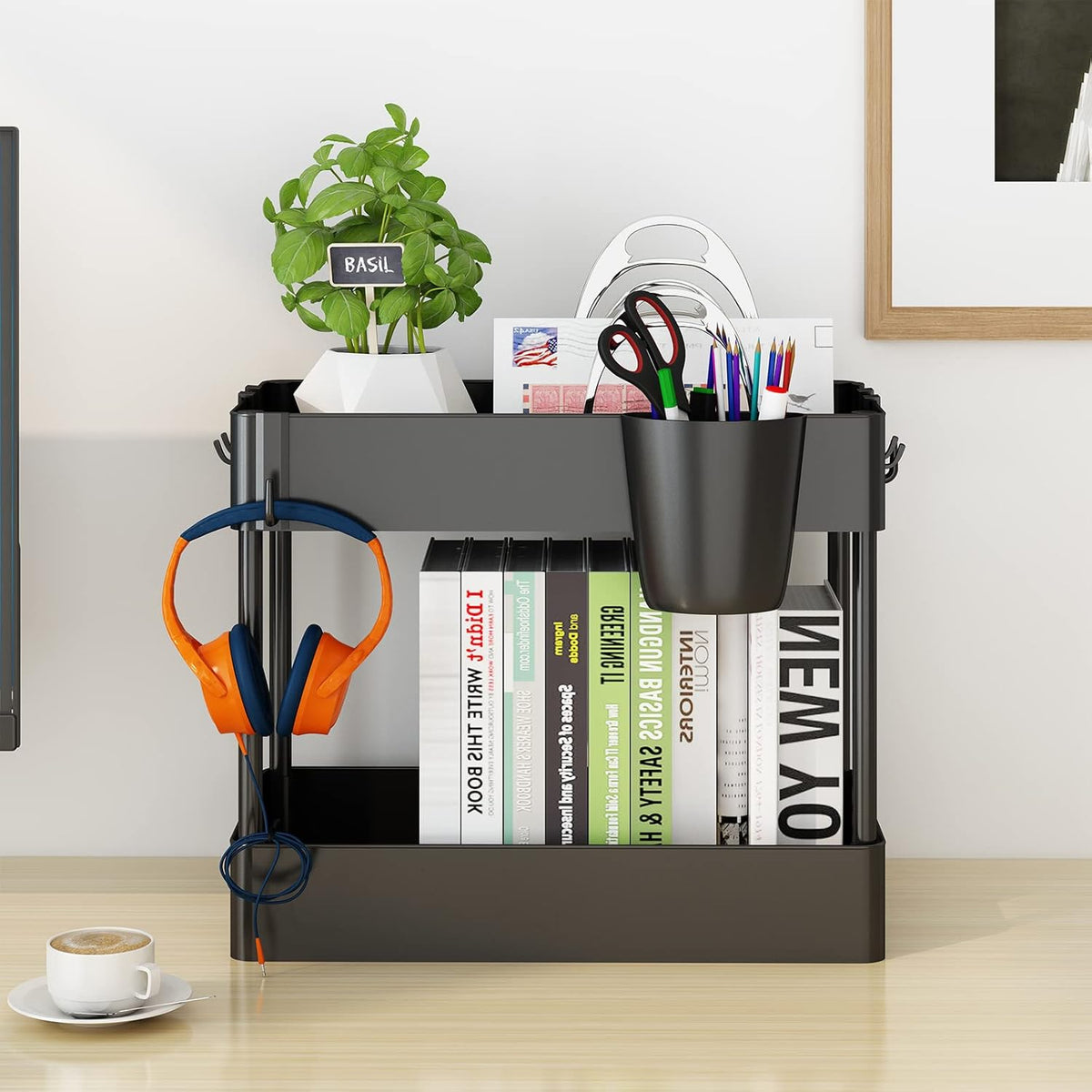 2 Tier Under Sink Rack Organizer with 6 Hooks, Black C9668