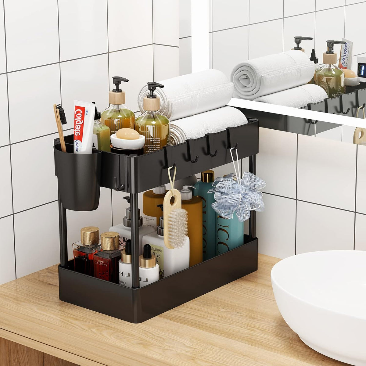 2 Tier Under Sink Rack Organizer with 6 Hooks, Black C9668