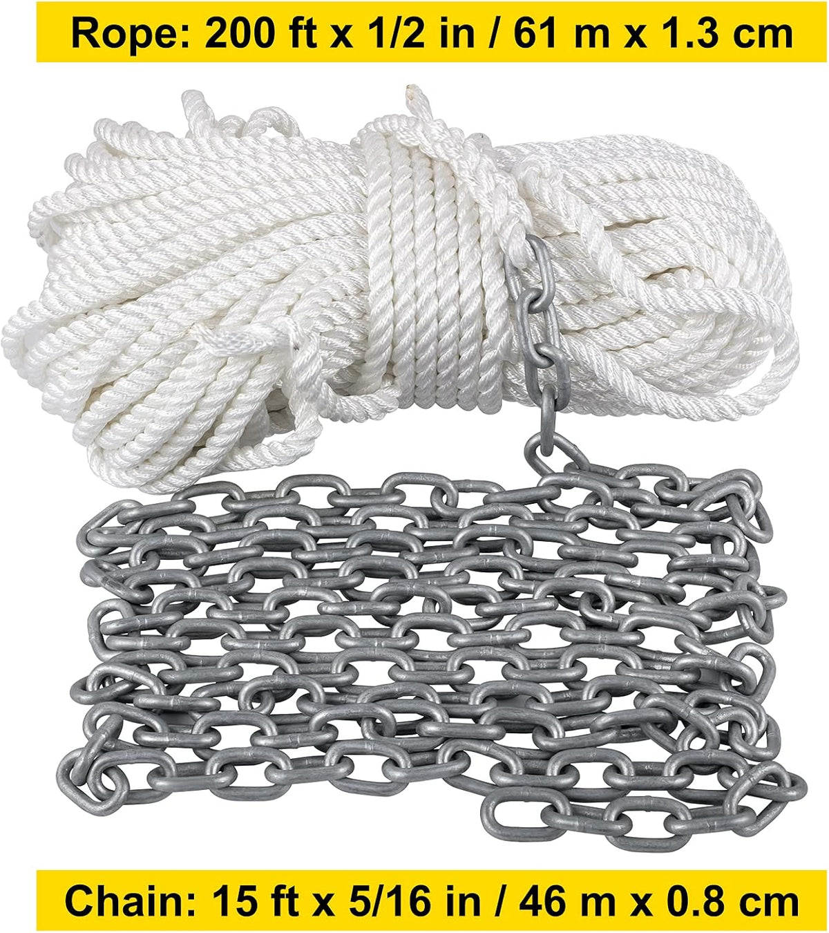 15' x 5/16" Boat Anchor Chain, 1/2" x 200' Nylon Rope, Galvanized Steel Chain S4649