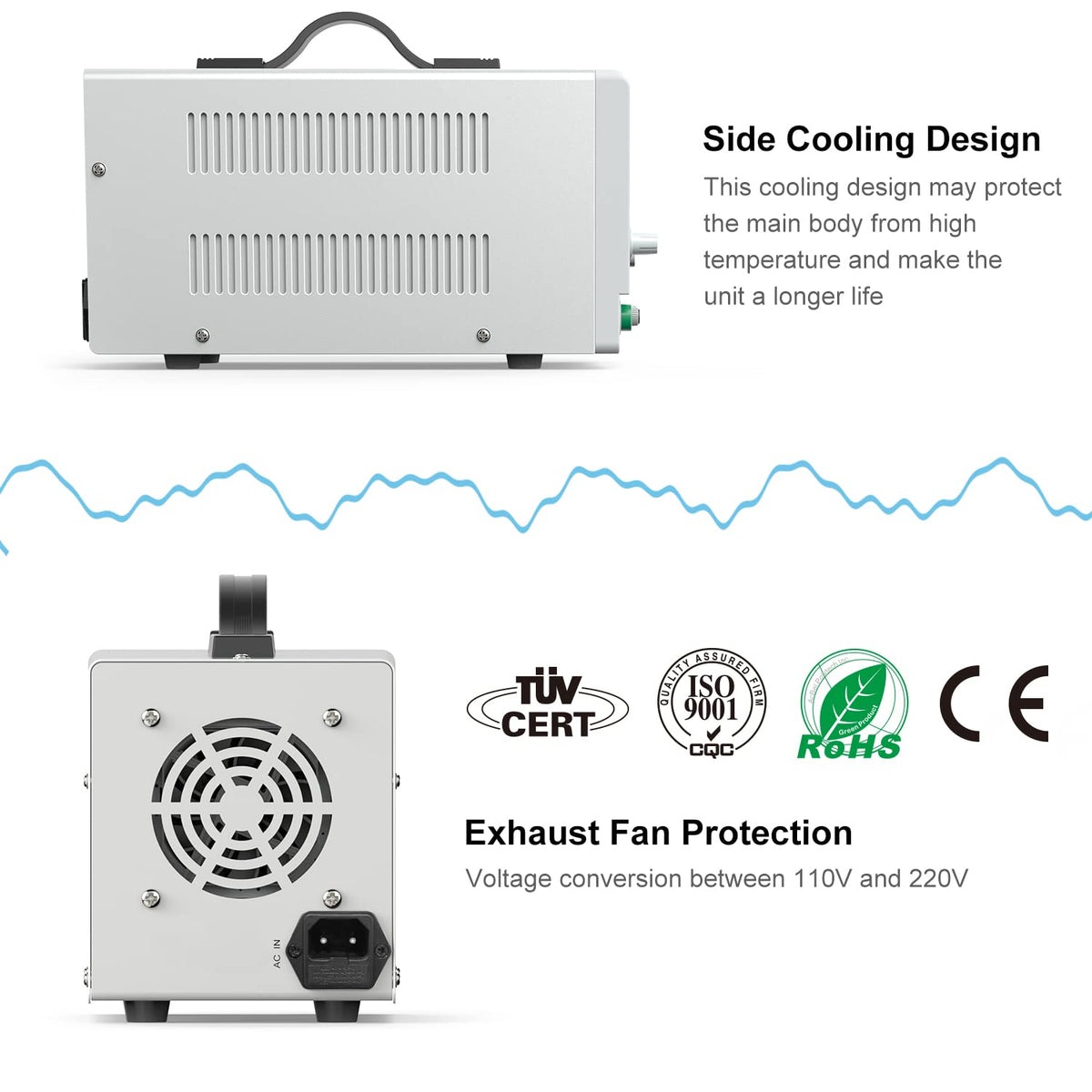 30V 5A Adjustable Switching Regulated DC Bench Linear Power Supply with Alligator Leads and 3 LED Digital Display W24217