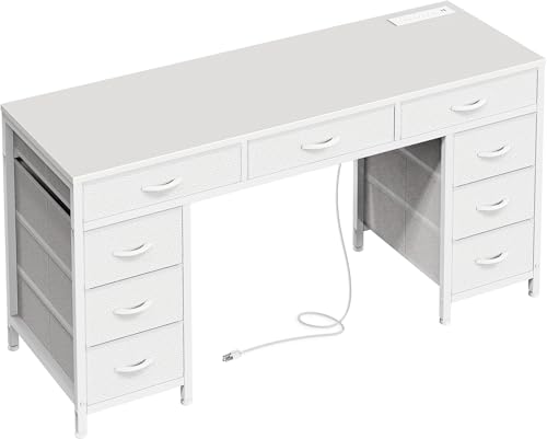 47 Inch Office Desk with Outlets and 9 Fabric Drawers S72028