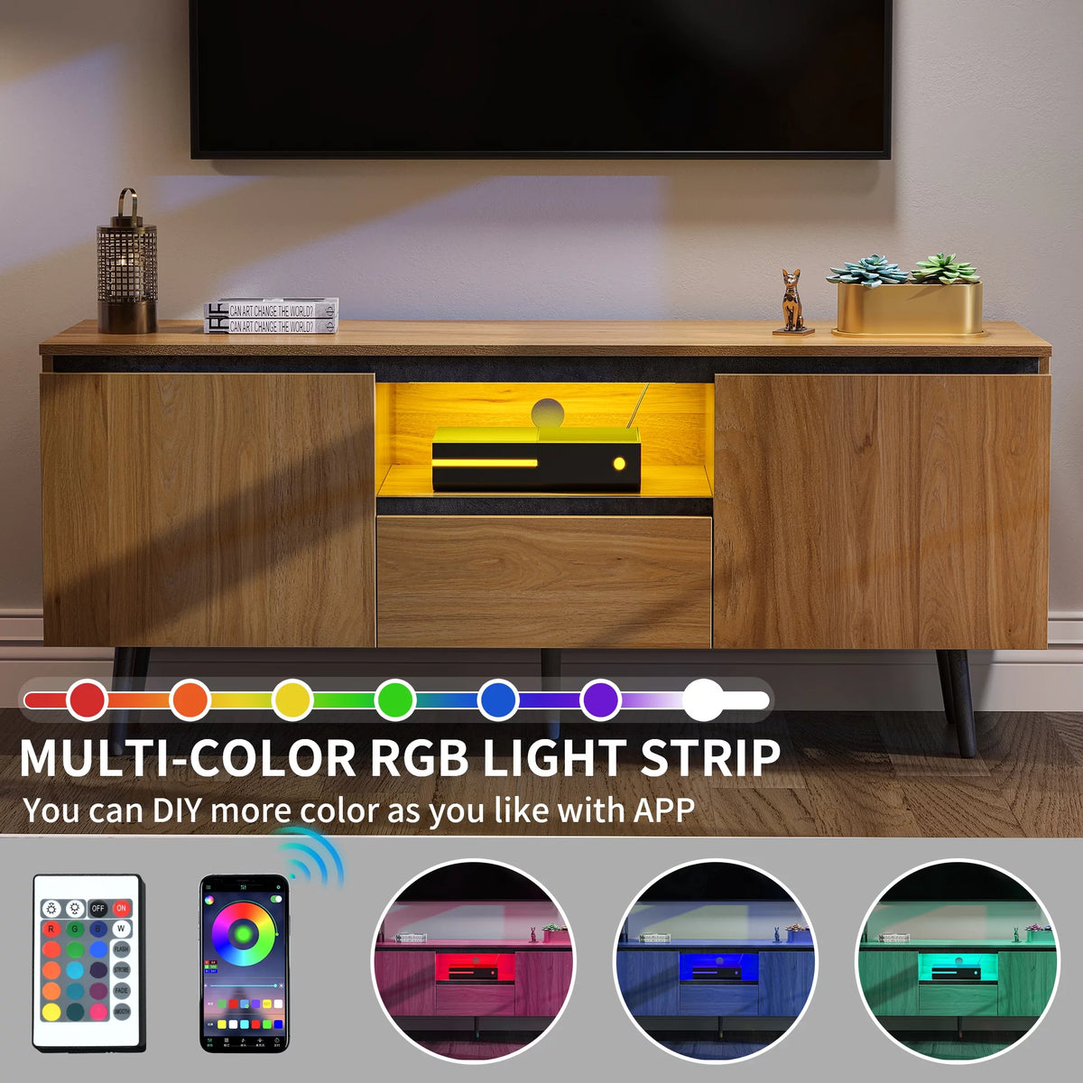 Farmhouse Wood TV Stand with LED Lights I725