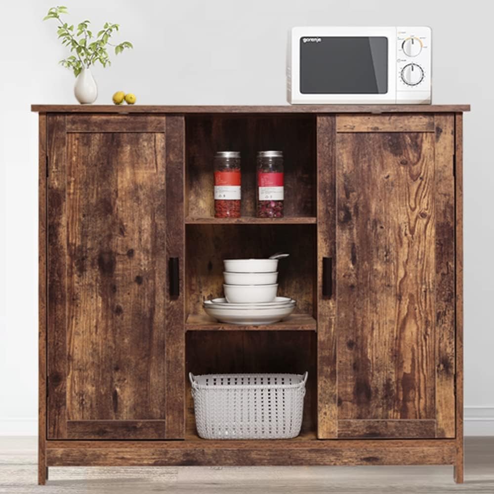 Retro Brown Wooden Floor Storage Cabinet with 2 Doors and 2 Open Shelves M353134