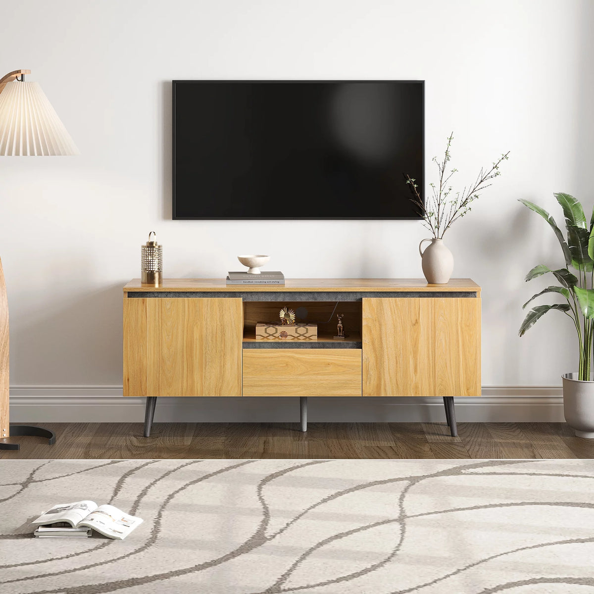 Farmhouse Wood TV Stand with LED Lights I725