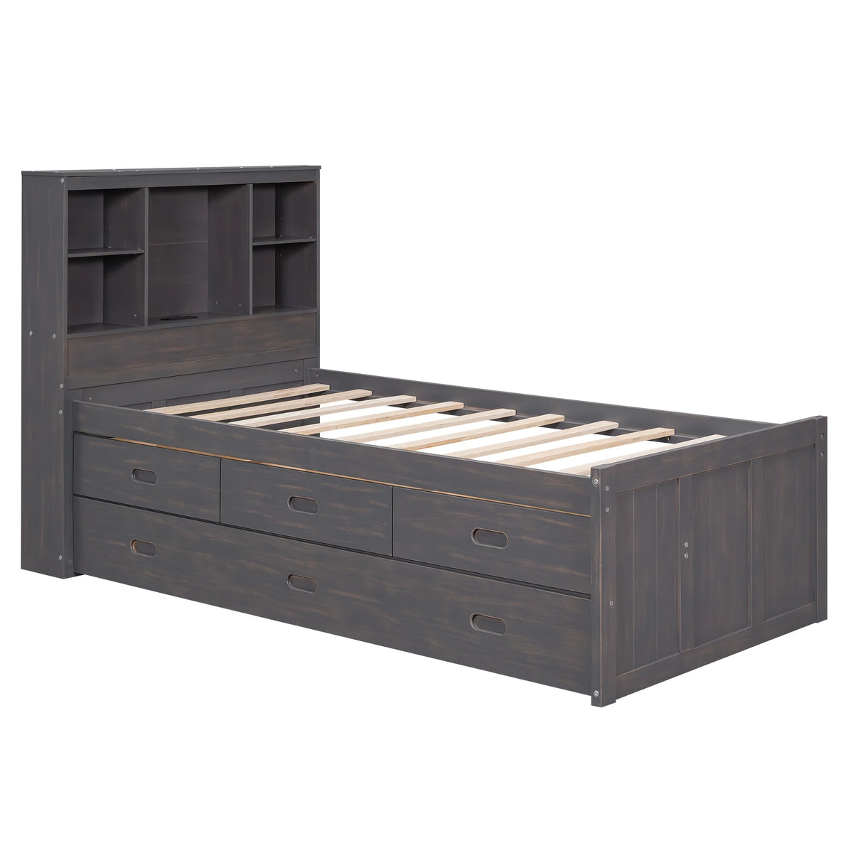 Twin Size Wood Platform Bed with Storage Headboard and Trundle V636762