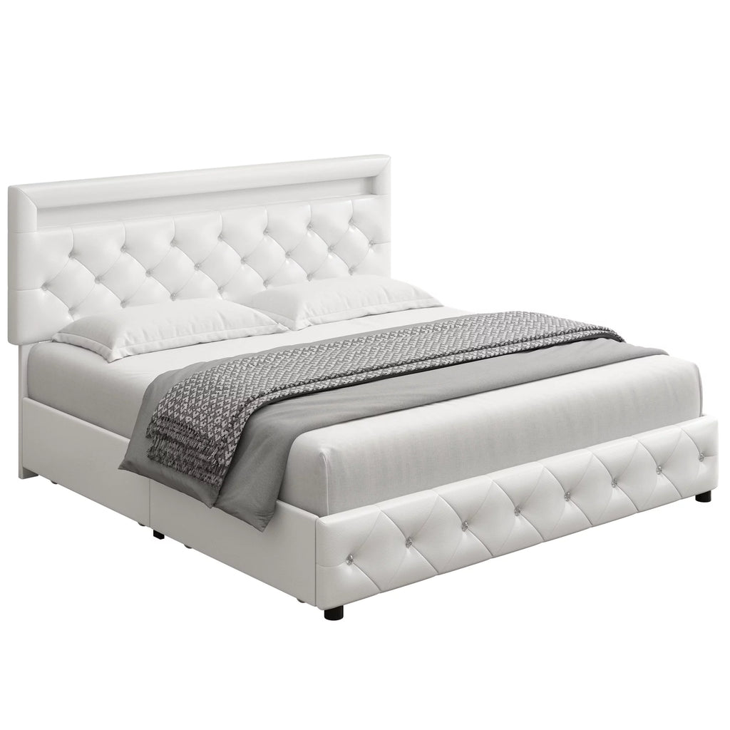 King LED Bed Frame with 4 Storage Drawer White O186