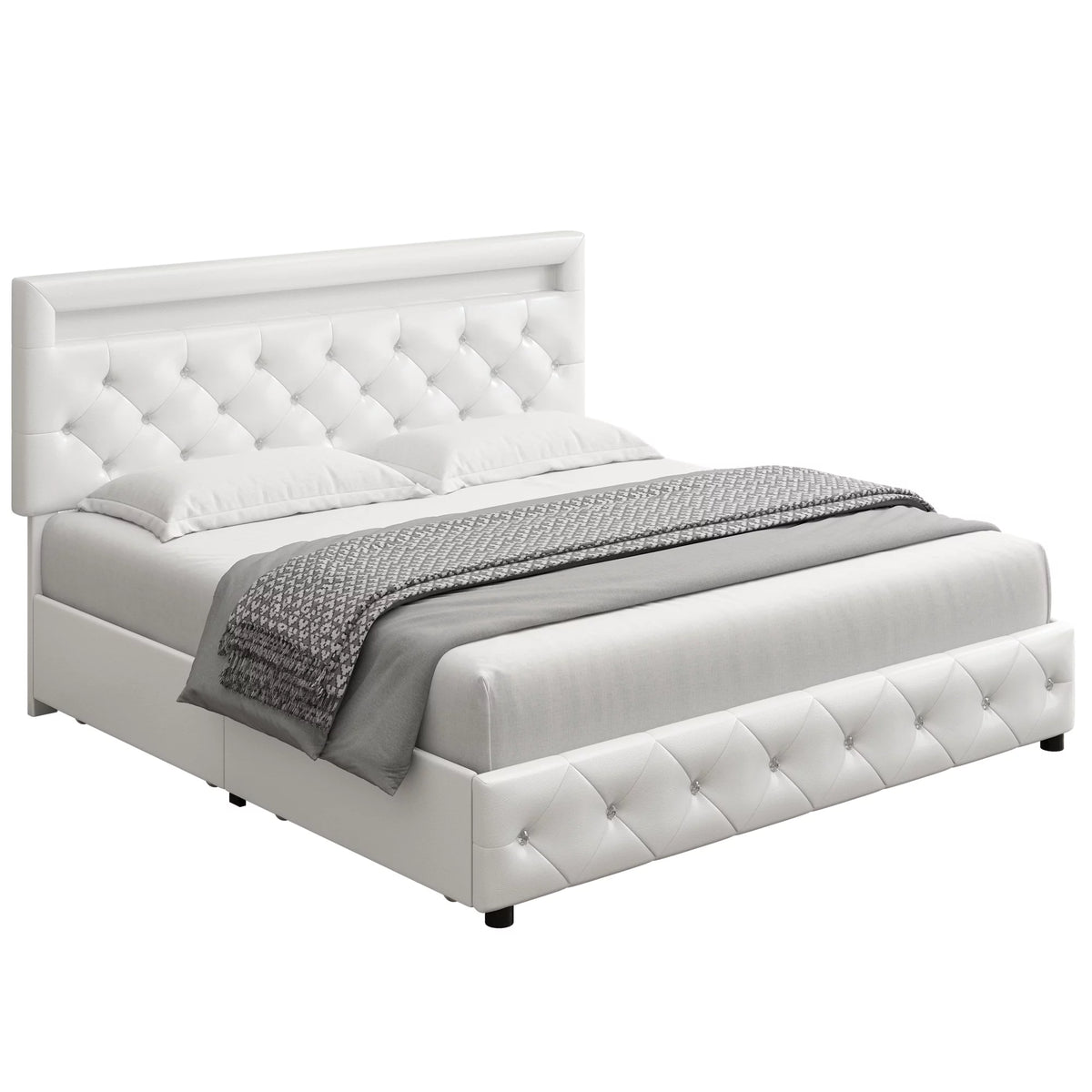 King LED Bed Frame with 4 Storage Drawer White O186