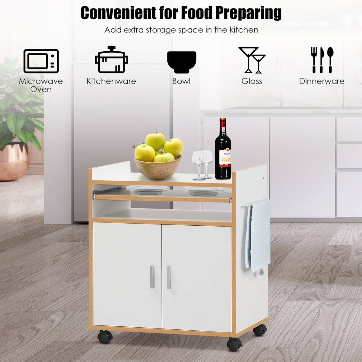 White Rolling Kitchen Trolley Microwave Cart Storage Cabinet with Removable Shelf G865