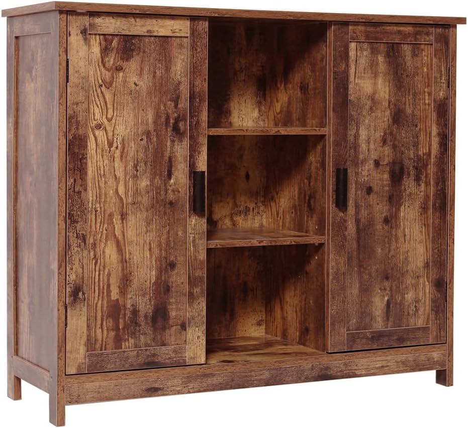 Retro Brown Wooden Floor Storage Cabinet with 2 Doors and 2 Open Shelves M353134