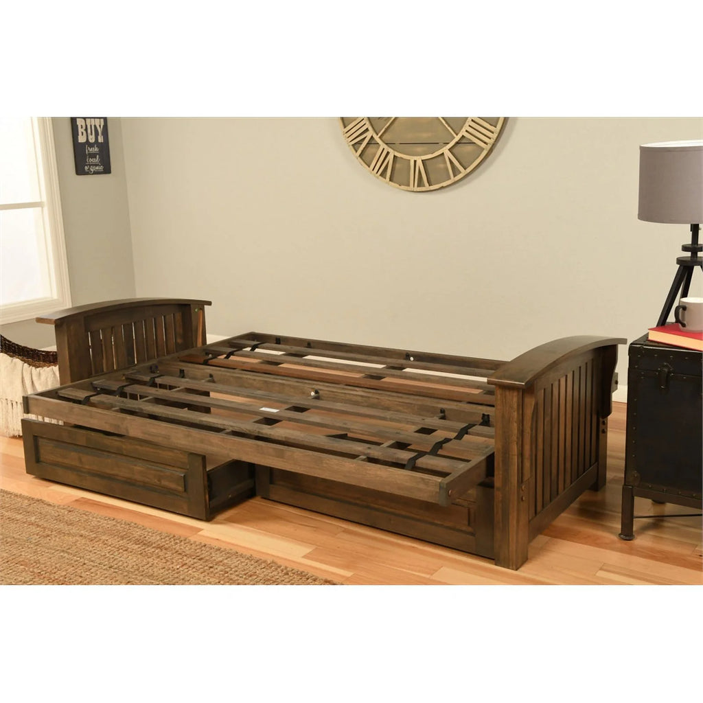 Rustic Walnut Brown Futon with Storage Drawers U6588