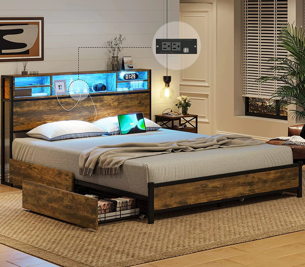 Rustic Brown Full Size Metal Platform Bed Frame with LED Headboard and USB Ports Z504032
