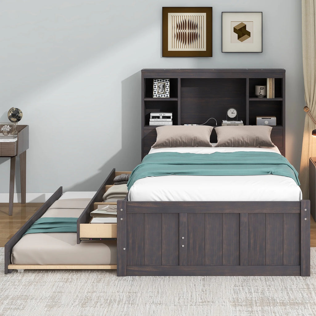 Twin Size Wood Platform Bed with Storage Headboard and Trundle V636762
