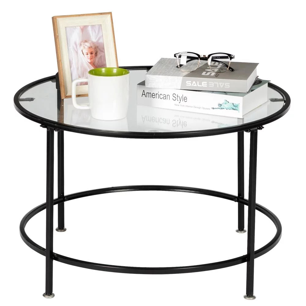 26" Round Glass Coffee Table with Black Iron Frame B54313