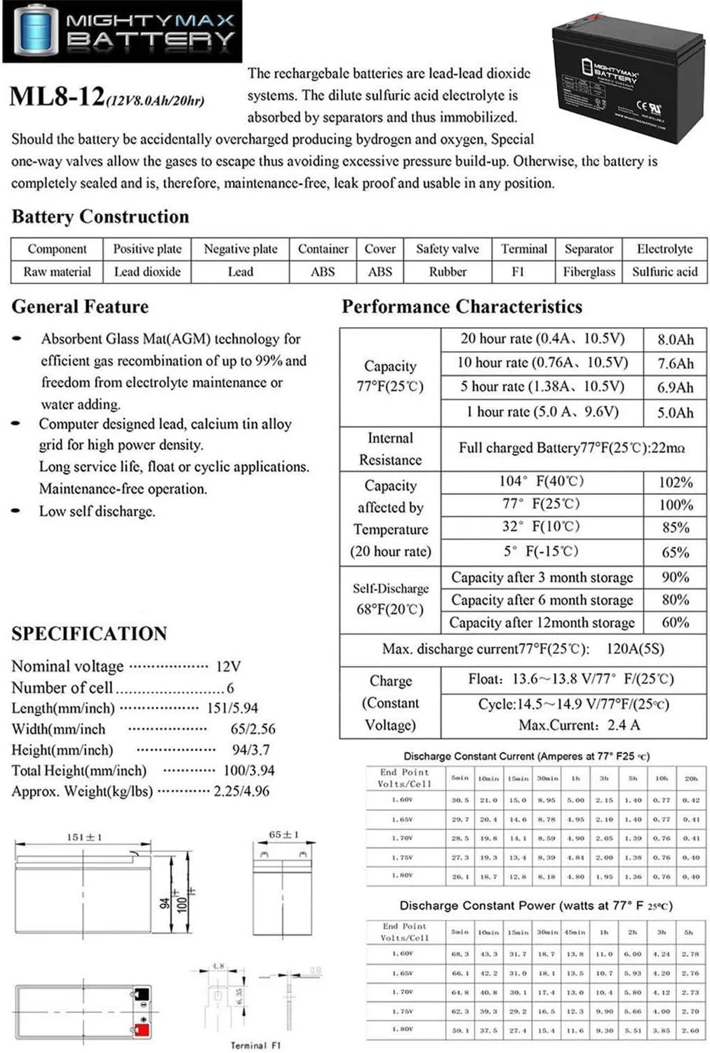 12 Volt 8 AH Rechargeable SLA AGM Battery Q213