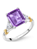 Emerald Cut 925 Silver and 10K Yellow Gold Amethyst and Moissanite and Diamond Engagement Ring R17705