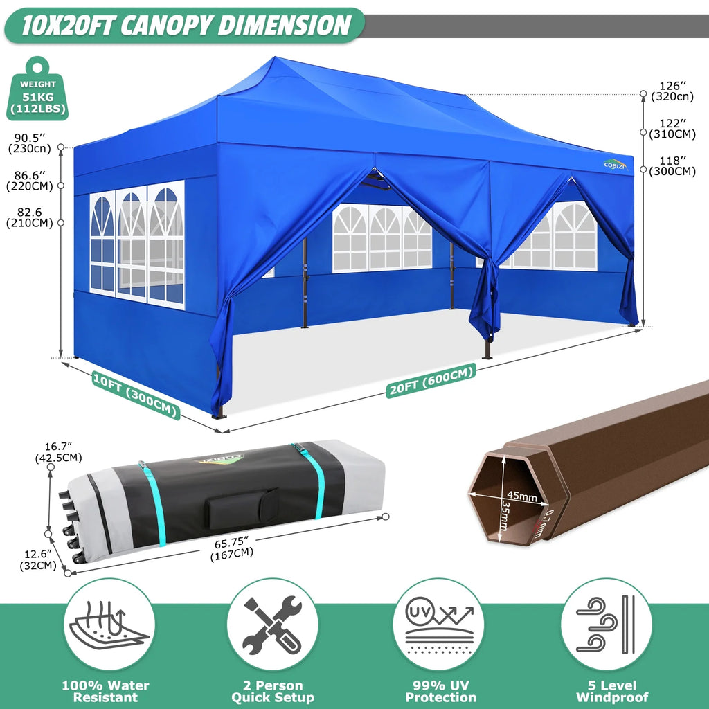 10x20 Pop up Canopy Tent with 6 Removable Sidewalls Blue U886