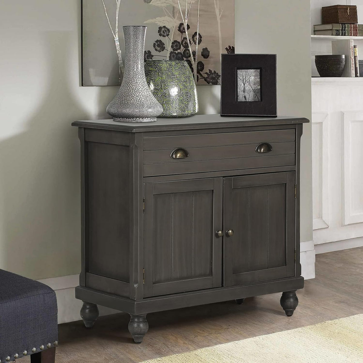 White Buffet & Sideboard Storage Cabinet with 2 Doors, Carved Pattern Doors D80692