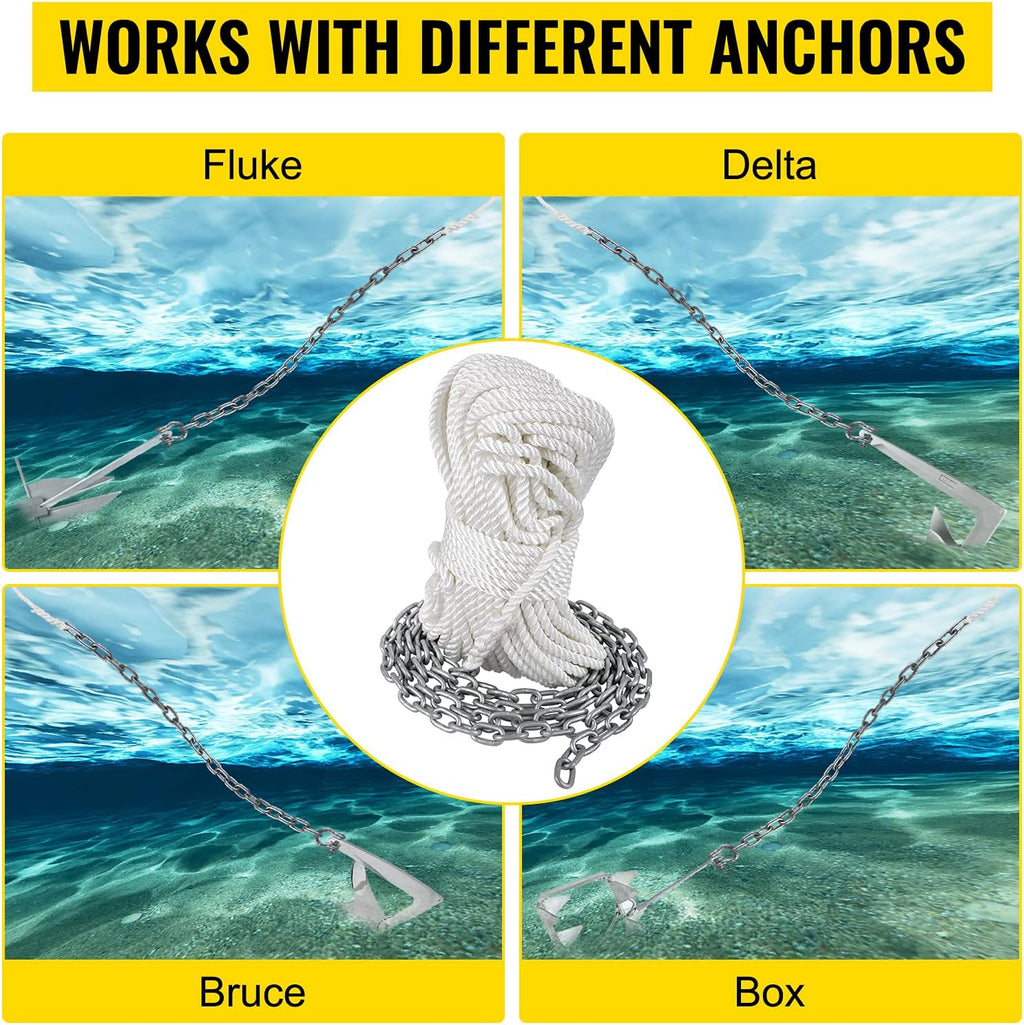 15' x 5/16" Boat Anchor Chain, 1/2" x 200' Nylon Rope, Galvanized Steel Chain S4649