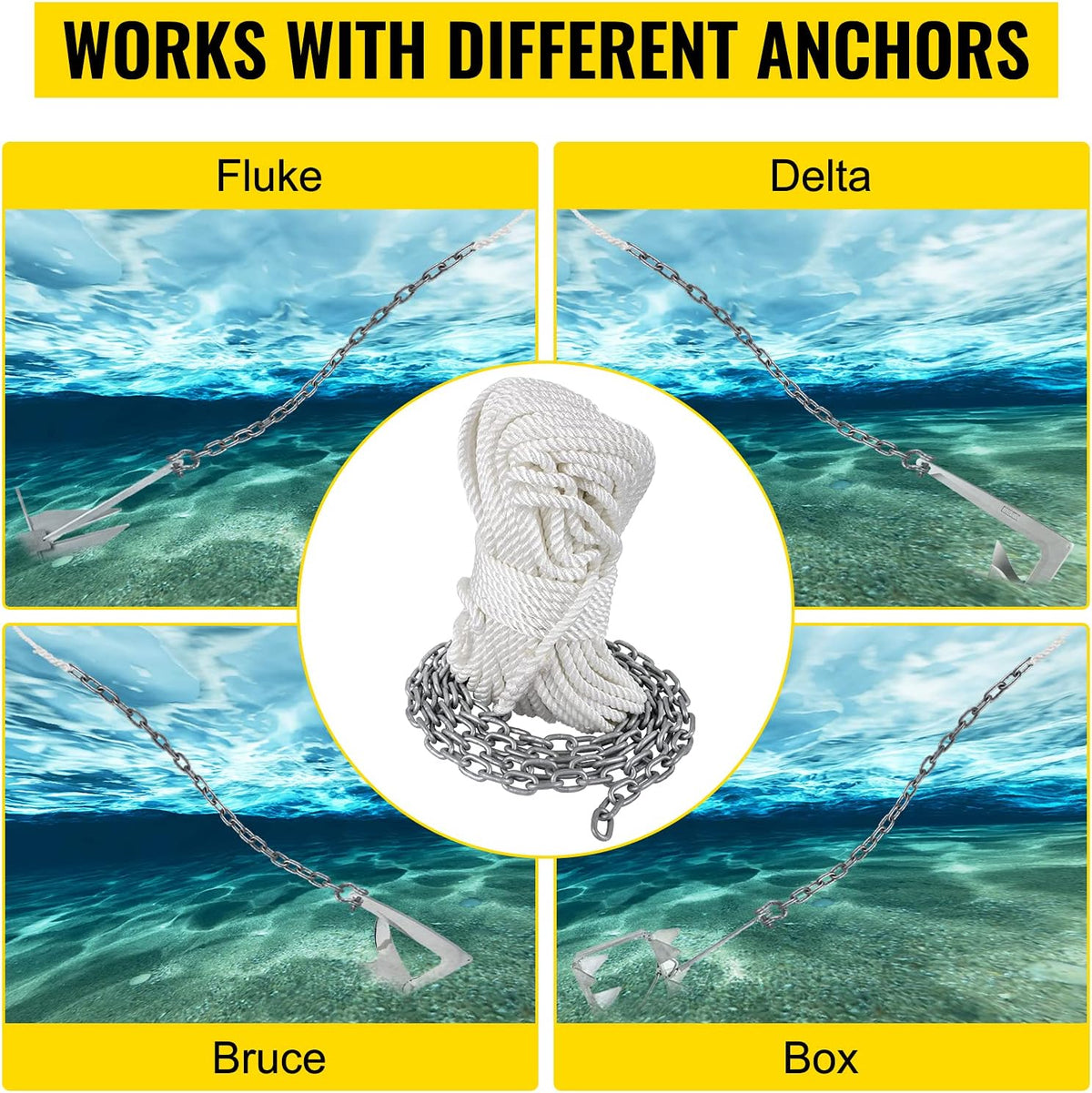 15' x 5/16" Boat Anchor Chain, 1/2" x 200' Nylon Rope, Galvanized Steel Chain S4649