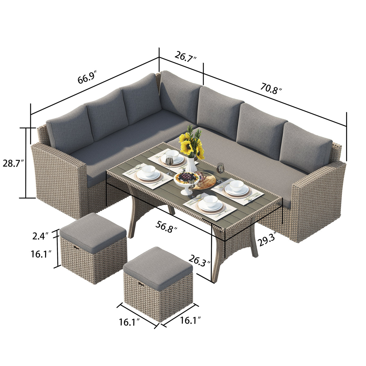 Cushioned Rattan Wicker 5-piece Patio Dining Sofa Set Dark Grey U139