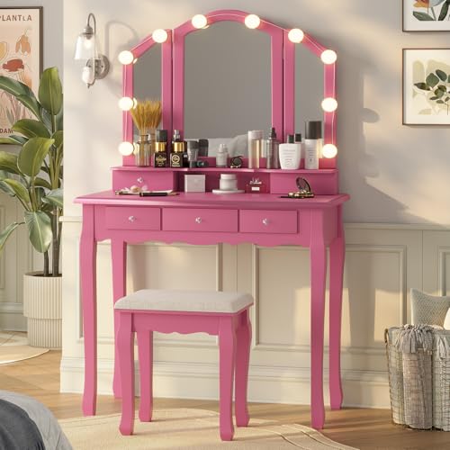 White Vanity Desk with Lighted Mirror and Stool, 5 Drawers Z8557