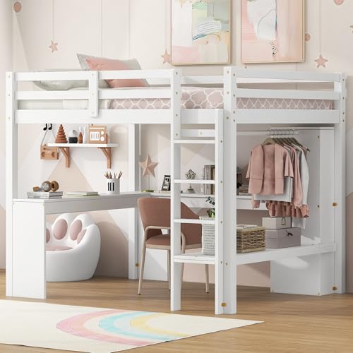 Full Size White Wood Loft Bed with Desk and Shelves P44192