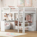 Full Size White Wood Loft Bed with Desk and Shelves P44192