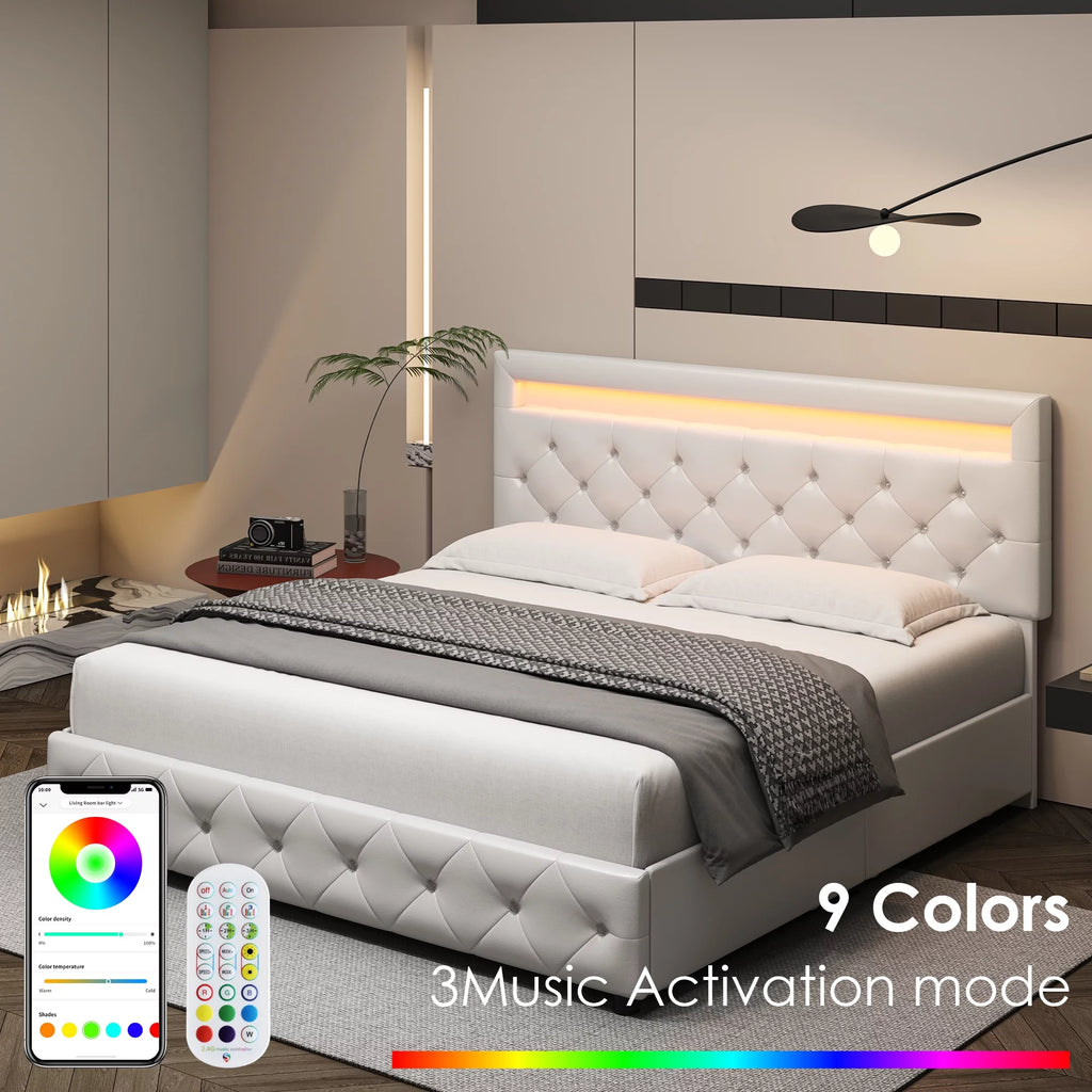 King LED Bed Frame with 4 Storage Drawer White O186