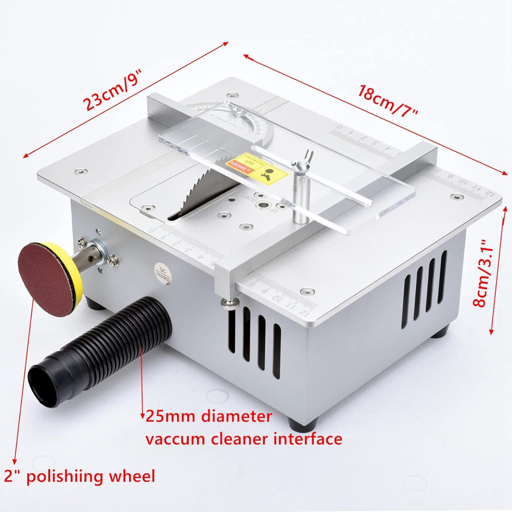 Mini Hobby Table Saw with Miter Gauge, 3 Inch HSS Alloy Steel Circular Saw Blade, Polishing Pad, 96W Power Supply A1113