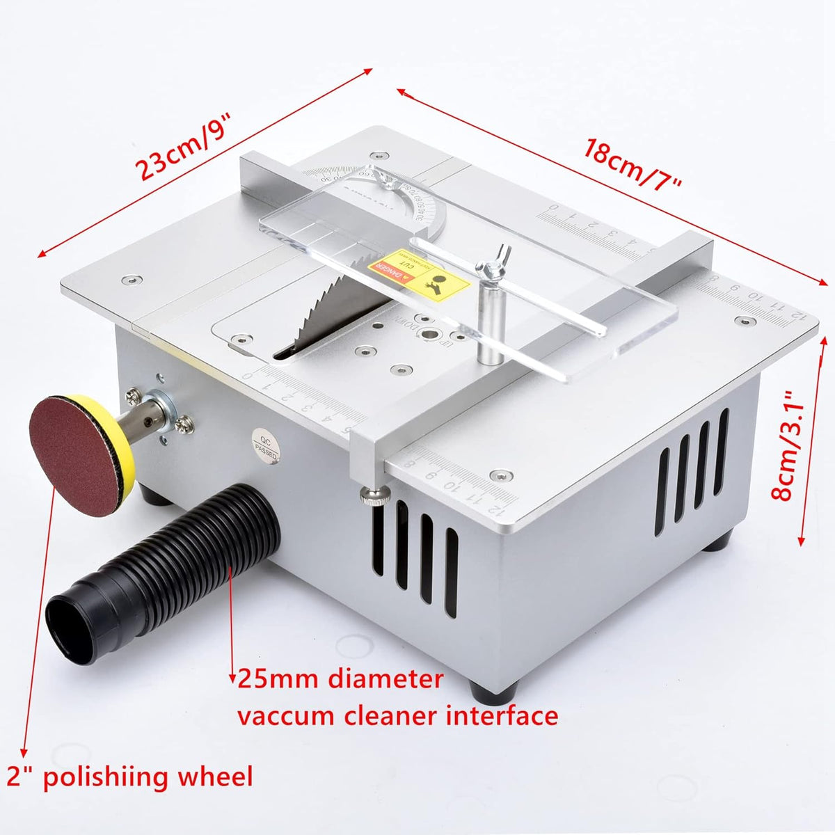 Mini Hobby Table Saw with Miter Gauge, 3 Inch HSS Alloy Steel Circular Saw Blade, Polishing Pad, 96W Power Supply A1113