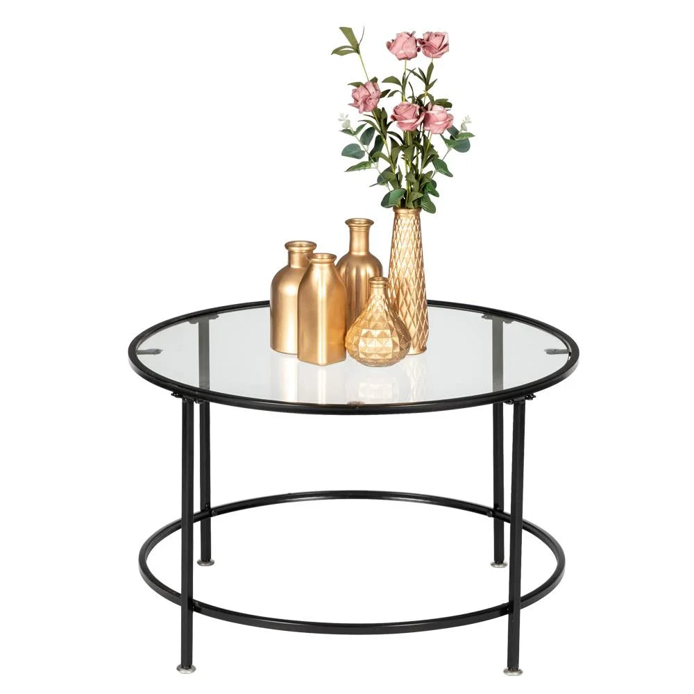 26" Round Glass Coffee Table with Black Iron Frame B54313