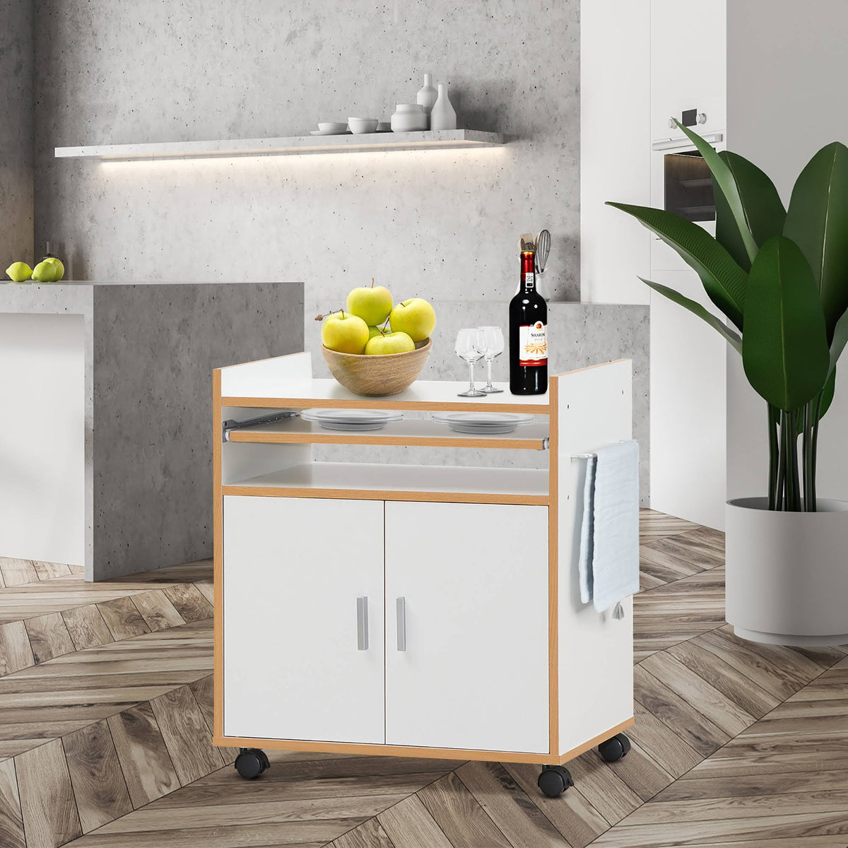 White Rolling Kitchen Trolley Microwave Cart Storage Cabinet with Removable Shelf G865