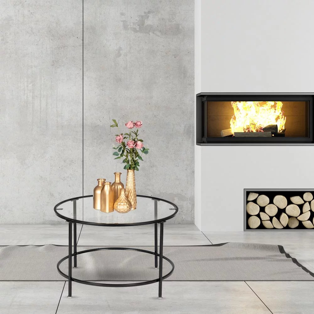 26" Round Glass Coffee Table with Black Iron Frame B54313