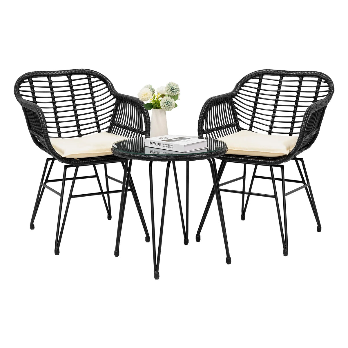 3 Piece Black PE Rattan Outdoor Wicker Bistro Set with Cushions H25269