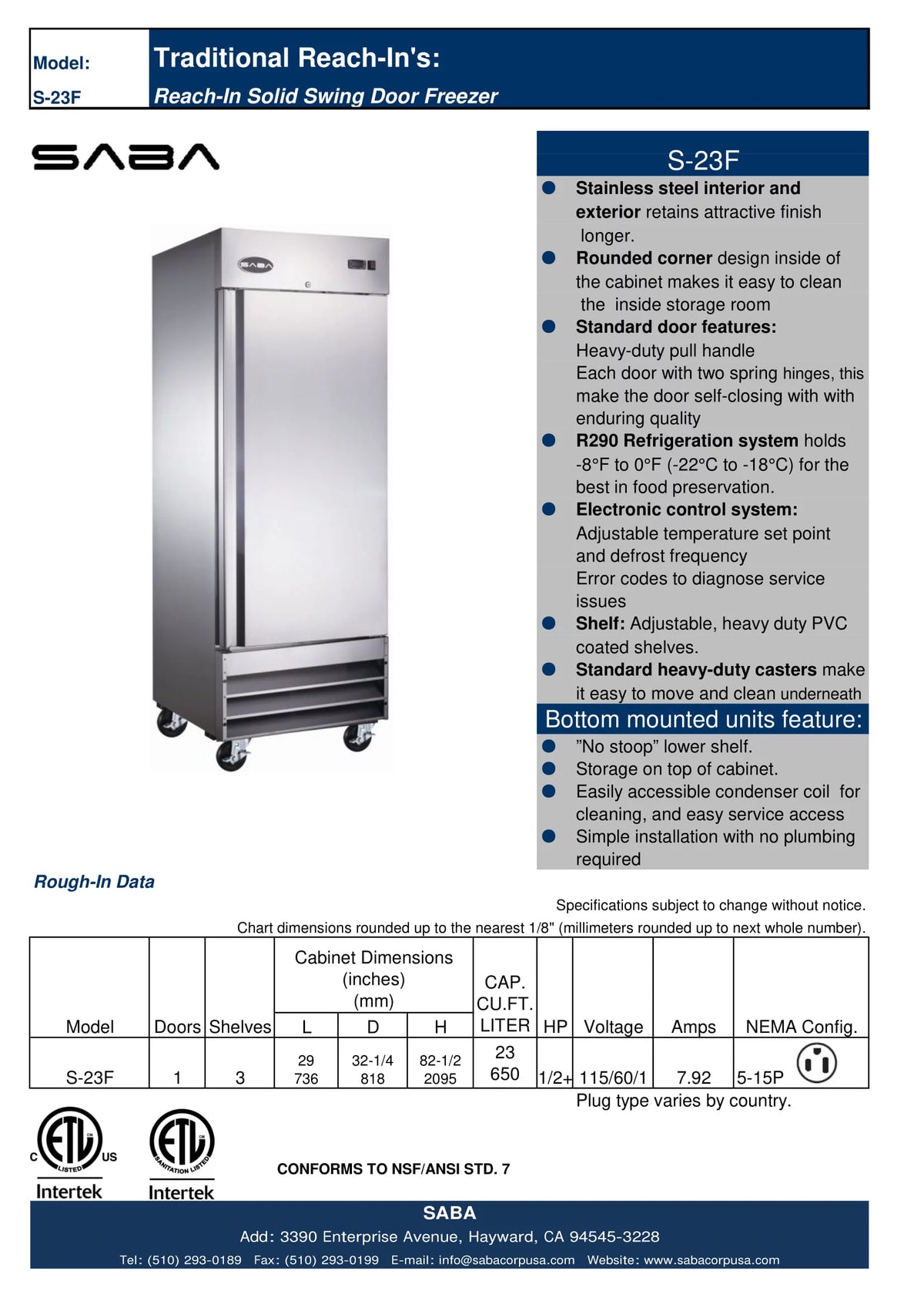 23 cu ft Stainless Steel Upright Reach-in Freezer G4423